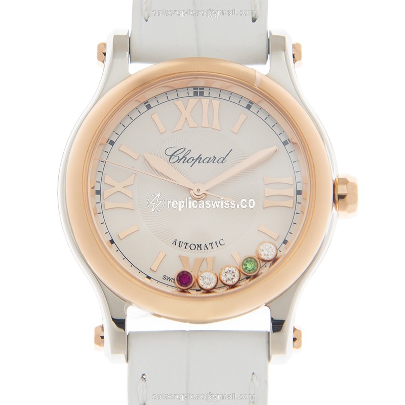 Chopard Happy Sport Replica - Automatic - 18kt Rose Gold & Steel - Silver Dial - White Alligator Strap